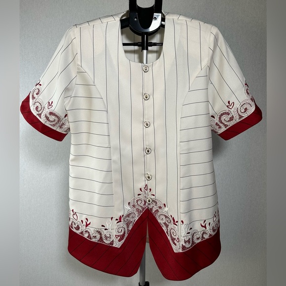 Golden Rose 2 Pc Red Striped Midi Skirt and White Embroidered Short Sleeve Top - Picture 2 of 7